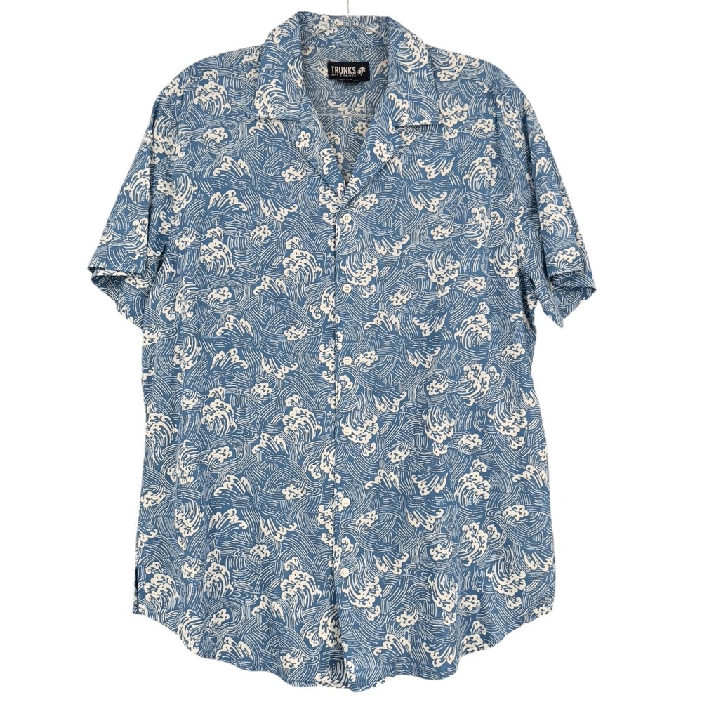 Trunks Surf & Swim Co. Men Blue Wave Print Short Sleeve Button Down Shirt‎ Large